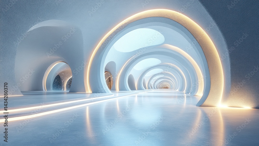 Fototapeta premium Futuristic interior corridor with glowing architectural features.