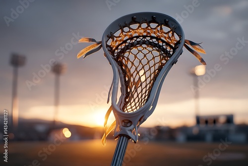 A lacrosse stick with a focus on the mesh pocket and handle, placed against a backdrop of a field with goalposts, illuminated by golden hour light.