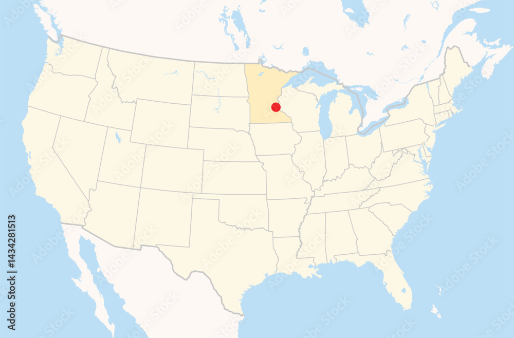 Obraz premium Location Map of the city St. Paul in Minnesota, USA. The state is marked orange and the city is highlighted with a red dot. No labels at all.