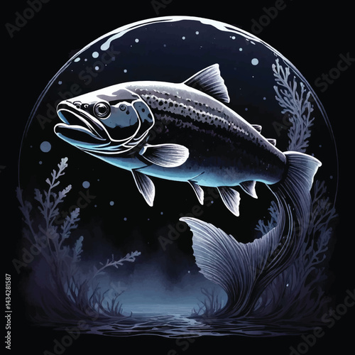 A Dark and Moody Digital Painting of a Trout Fish Silhouette Against a Deep, Inky Black Background, Bioluminescent Underwater Realm, Vector T-shirt Design