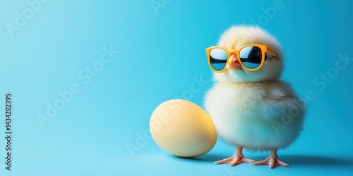 A cute, fluffy chick wearing yellow sunglasses stands next to a large egg on a blue background