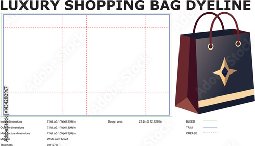 Luxury shopping bag dyeline template vector mockup with design area dimensions and trim lines for packaging presentation