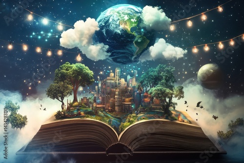 Fantasy world emerging from book on white background