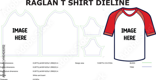 Raglan t shirt dieline template apparel design technical drawing for fashion production and garment industry mockup blueprint with dimensions