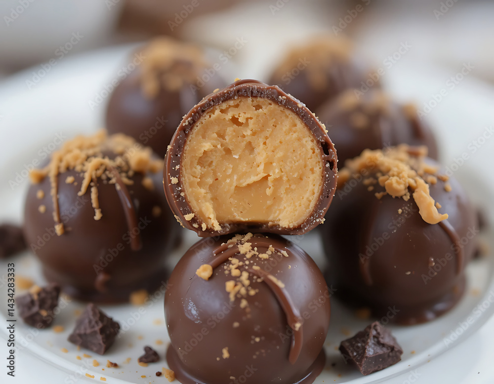 Delicious peanut butter chocolate truffles with creamy filling and crunchy toppings on a white plate Delicious peanut butter chocolate truffles with creamy filling and crunchy toppings on a white plate