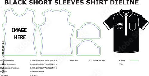 Black short sleeves shirt dieline vector template with technical drawing showing dimensions for fashion design and printing projects