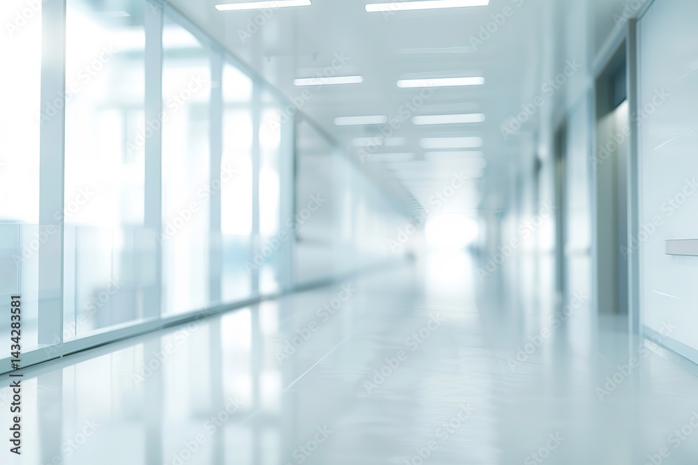 Obraz premium Blurred hallway with light walls and a shiny floor creates a clean modern atmosphere