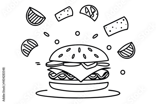 tasty hamburger with flying ingredients one line c.eps