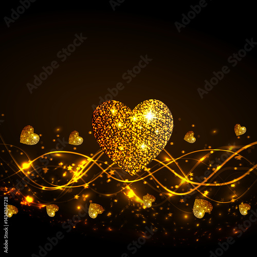 Energy of love. Bright lines with golden hearts. Magic illustration.