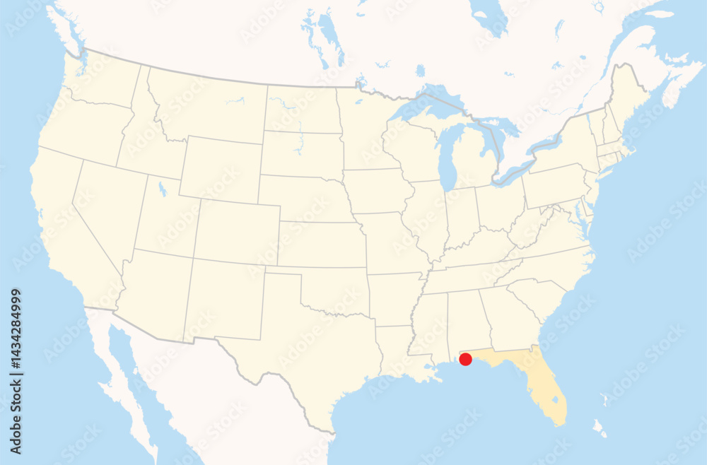 Obraz premium Location Map of the city Pensacola in Florida, USA. The state is marked orange and the city is highlighted with a red dot. No labels at all.