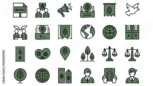 A set of simple, flat design icons with a unifying dark olive green color palette
