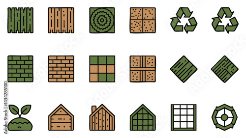 A set of simple, line-art icons depicting various building and landscaping elements, focusing on sustainable and eco-friendly options