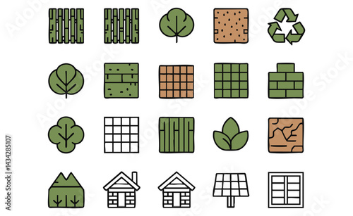 A set of line art icons depicts various eco-friendly building materials, nature elements, and renewable energy sources