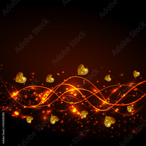 Energy of love. Bright lines with golden hearts. Magic illustration.
