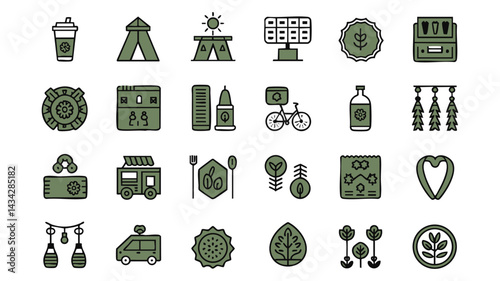 A collection of minimalist, olive green icons depicting various eco-conscious activities and products