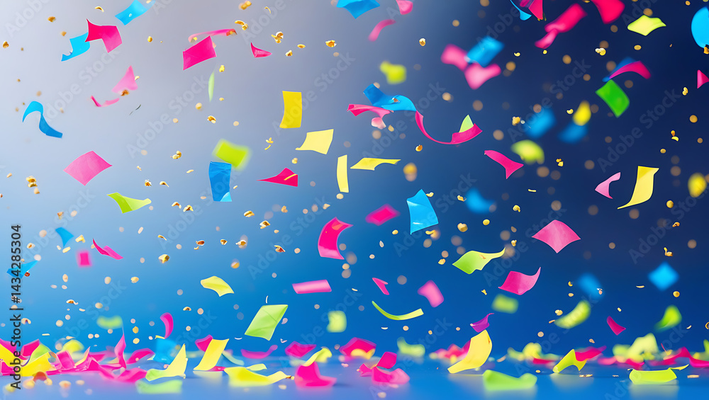 Obraz premium Dynamic shot of multicolored confetti pieces in motion set against a clean and smooth blue gradient background