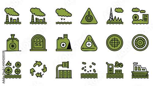A set of icons displays various environmental issues, including industrial pollution, water contamination, and potential solutions