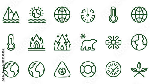 A set of line icons features various elements related to environmental issues, including temperature fluctuations, global warming, melting ice caps, and polar bears