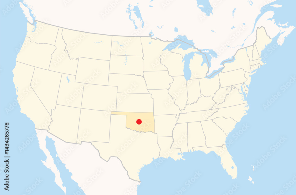 Obraz premium Location Map of the city Oklahoma City in Oklahoma, USA. The state is marked orange and the city is highlighted with a red dot. No labels at all.