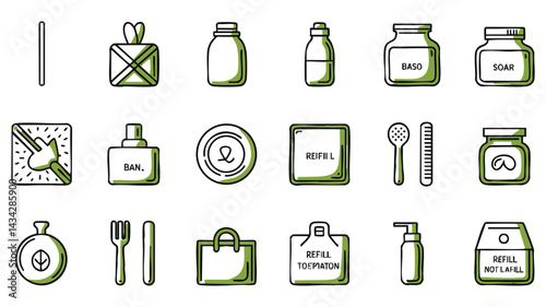 A collection of simple, olive-green filled line art icons representing sustainable living practices, focusing on reusable containers, refill options, and eco-friendly packaging