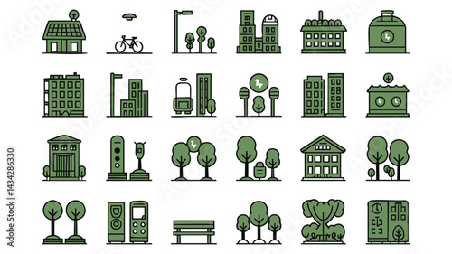 A set of flat icons displays various urban elements in a minimalist, olive-green color scheme