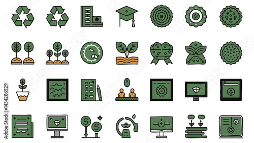 A collection of 20 simple, Sustainable and Educational Icons in a dark olive green color palette