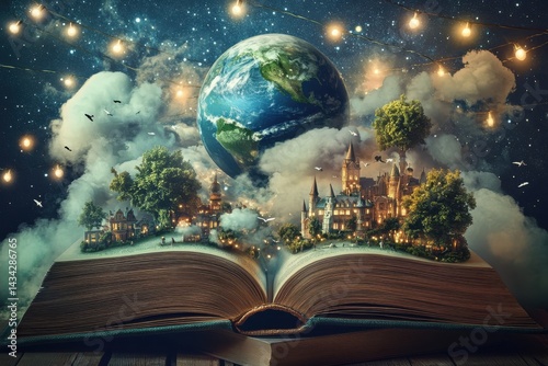 Open book with fantasy world on white background