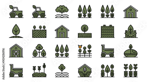A collection of simple, flat icons, rendered in a muted olive-green color Depicting Various Farm Elements