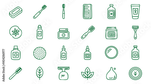 A set of simple, green line art icons representing various personal care items