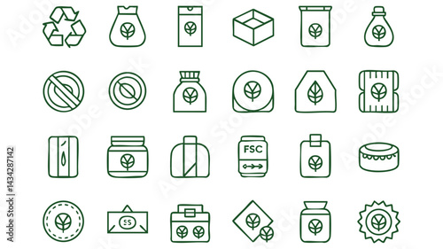 A collection of line art icons, all in a verdant green color, depicting various sustainable packaging and product designs