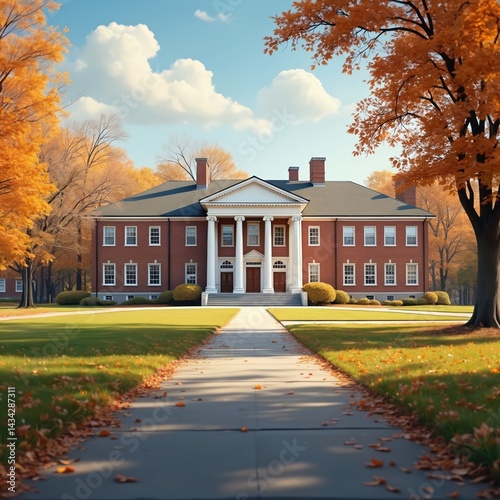 Classic redbrick school building exterior during autumn. Academic institution with columns entrance, golden tree leaf. School, college campus. Education, learning concept. Architecture, design,