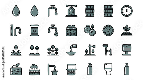 A set of simple, line-style icons depicts various elements of water systems, irrigation, and agriculture