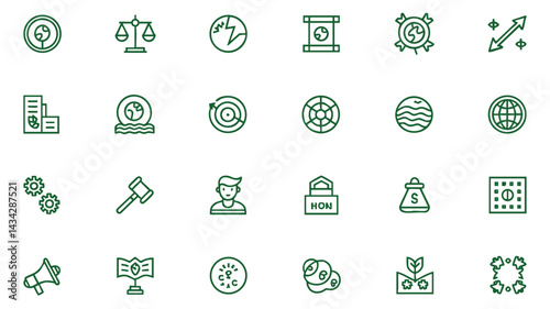 A collection of green line icons, perfect for representing a variety of global issues and potential solutions