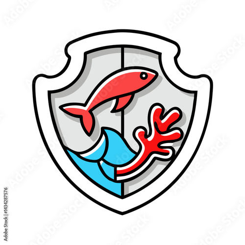 Shield with fish and coral representing marine protection.