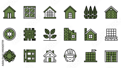 A set of simple, outlined icons depicting various construction-related elements, including houses, windows, plants, and tools