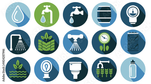 A set of flat icons, perfect for illustrating water management, agriculture, and related practices