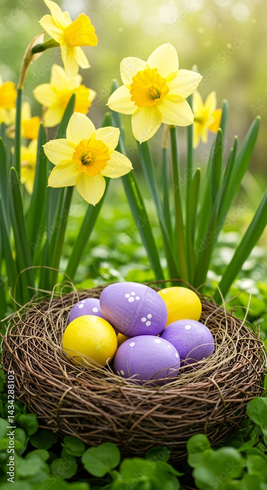 Easter eggs in nest with daffodils for spring holiday celebration Easter eggs in nest with daffodils for spring holiday celebration
