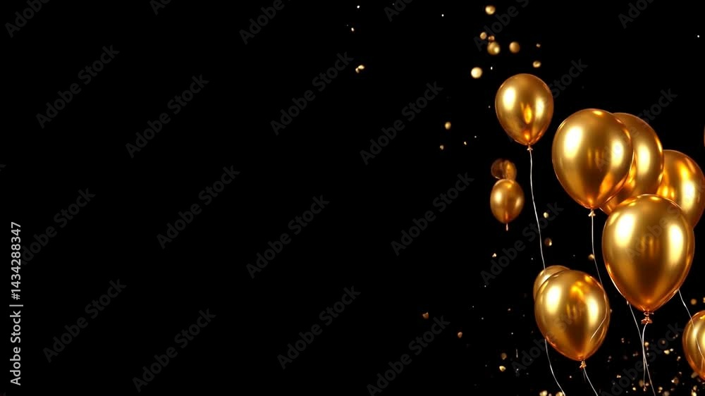 Elegant golden balloons float against a black backdrop, with shimmering confetti adding a touch of magic. Perfect for celebrations, anniversaries, or any special occasion. Elegant golden balloons float against a black backdrop, with shimmering confetti adding a touch of magic. Perfect for celebrations, anniversaries, or any special occasion.
