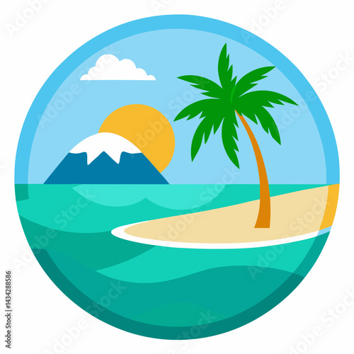 Tropical Island Landscape Vector Illustration With Palm Tree Ocean And Mountain