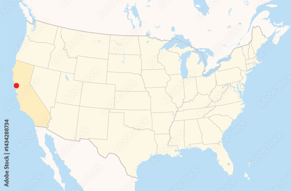 Fototapeta premium Location Map of the city Novato in California, USA. The state is marked orange and the city is highlighted with a red dot. No labels at all.
