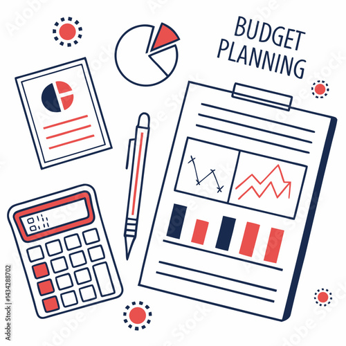 Budget Planning Finance Illustration With Calculator,Pie Chart And Graphs