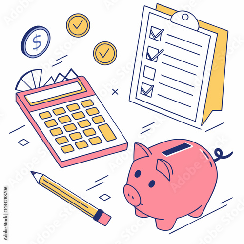 Finance Planning Concept With Piggy Bank Checklist And Calculator Illustration