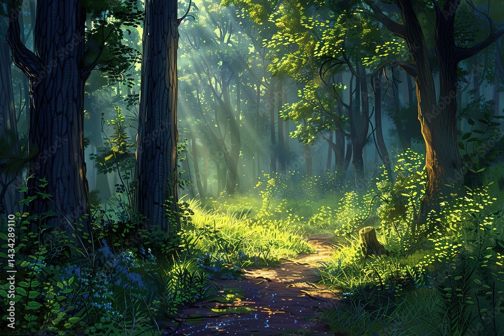 Obraz premium Sunlit forest path with green foliage and tall trees serene and inviting nature scene