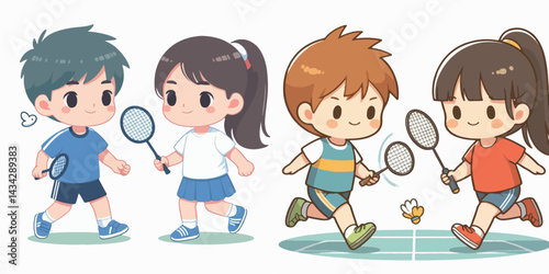 set vector of little boy and girl playing badminton