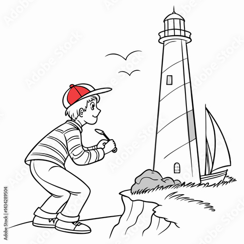 Boy Looking At Lighthouse And Sailboat With Binoculars Cartoon Outline