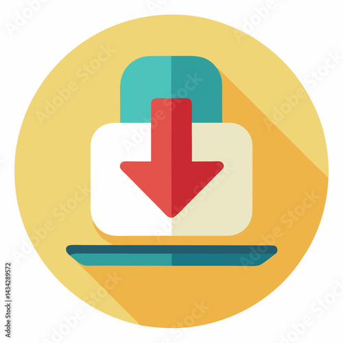 Flat Design Download Icon Vector With Arrow And Platform On Circle