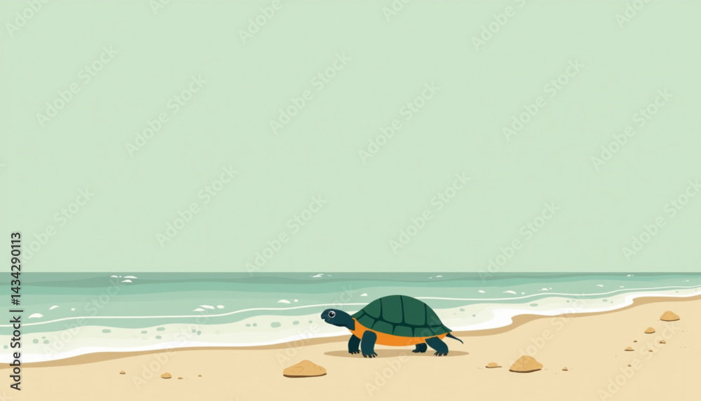Turtle walking on sandy beach against calm ocean background Turtle walking on sandy beach against calm ocean background