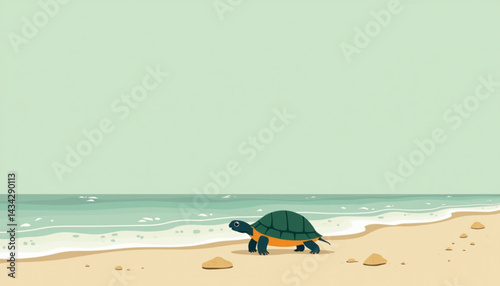 Turtle walking on sandy beach against calm ocean background  