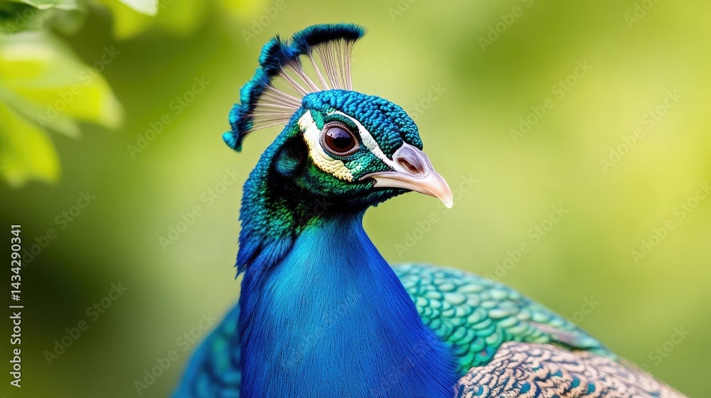 Vibrant peacock head, detailed close-up in lush green background Vibrant peacock head, detailed close-up in lush green background