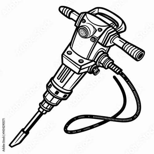 Jackhammer Illustration In Black And White Line Art Style